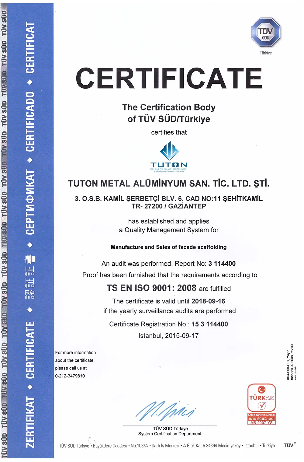 نظام إدارة الجودة TS EN ISO 9001 من TÜV SÜD